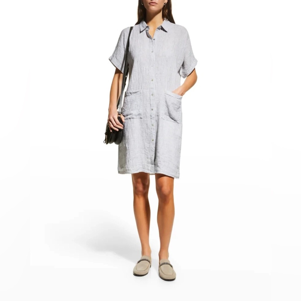 Eileen Fisher Striped Organic Linen Crinkle Shirtdress Boxy Knee Length Sz M